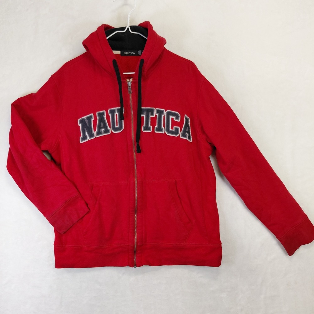 Nautica Mens Full‎ Zip Hoodie Red Logo Fleece Sweatshirt Medium Classic Fit